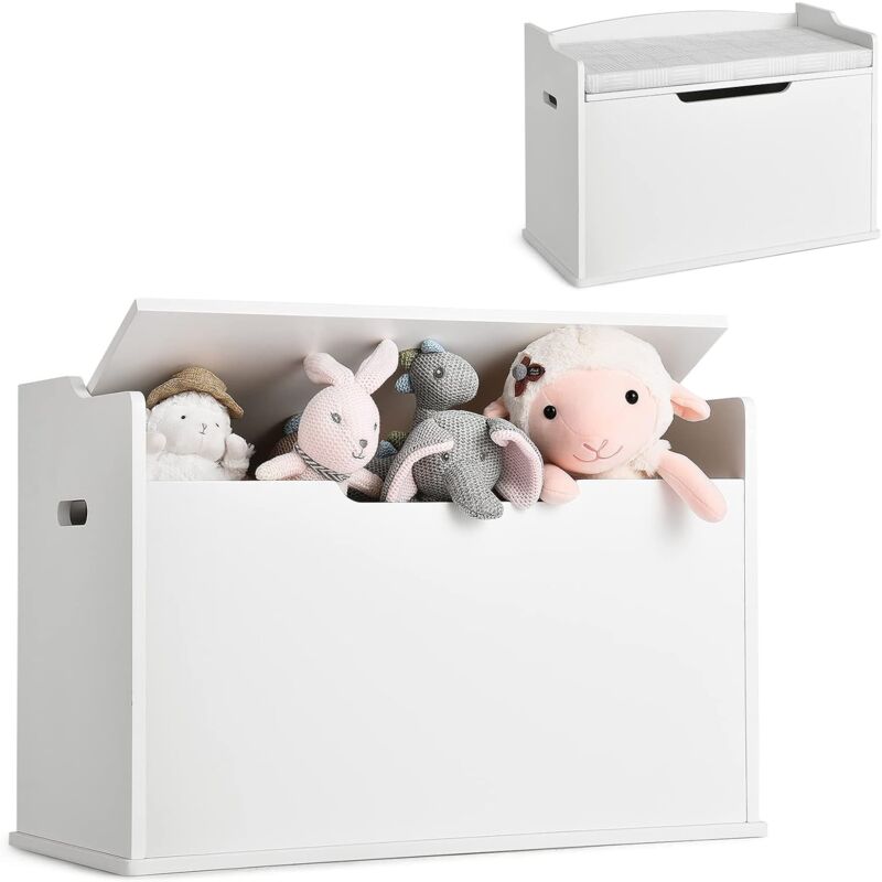 foto del prodotto costway cassapanca portagiochi con cuscino, contenitore porta giochi in legno, cassa panca per bambini con schienale e cerniera di sicurezza, per