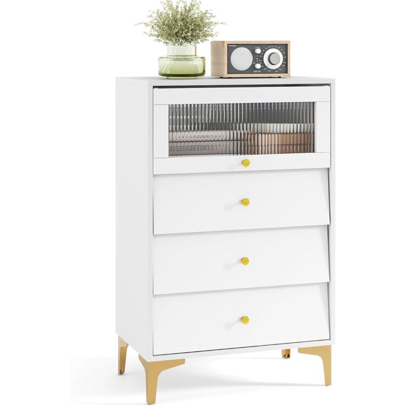 foto del prodotto costway cassettiera camera da letto con 3 cassetti, comodino salvaspazio con scomparto con vetrina ribaltabile, mobile per soggiorno ingeresso e