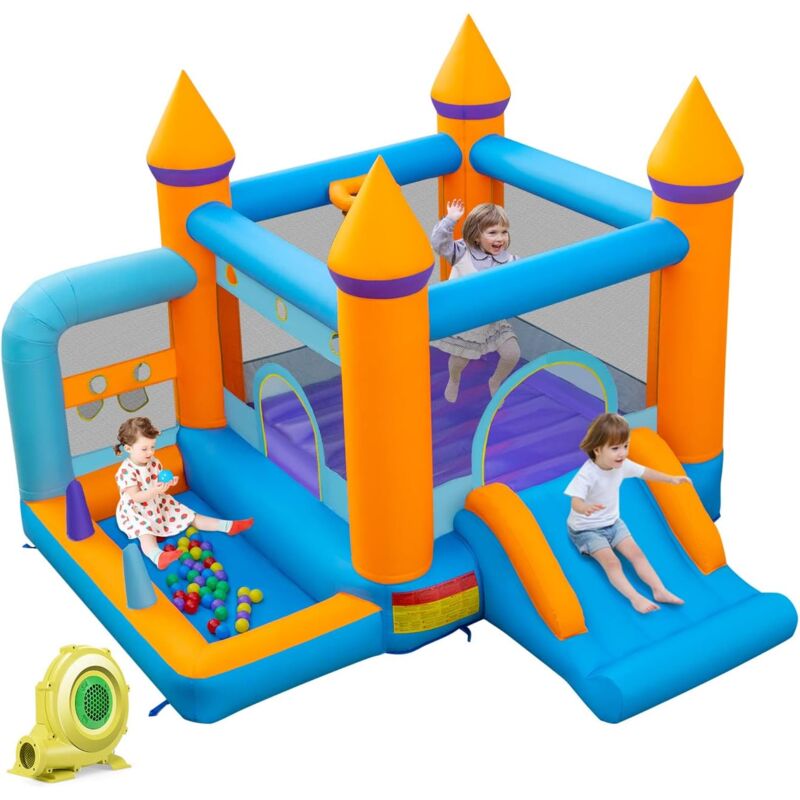 foto del prodotto costway castello gonfiabile 5 in 1 con soffiatore 735w, casa gonfiabile per bambini con scivolo, trampolino, piscina e 50 palline, lancio di anelli