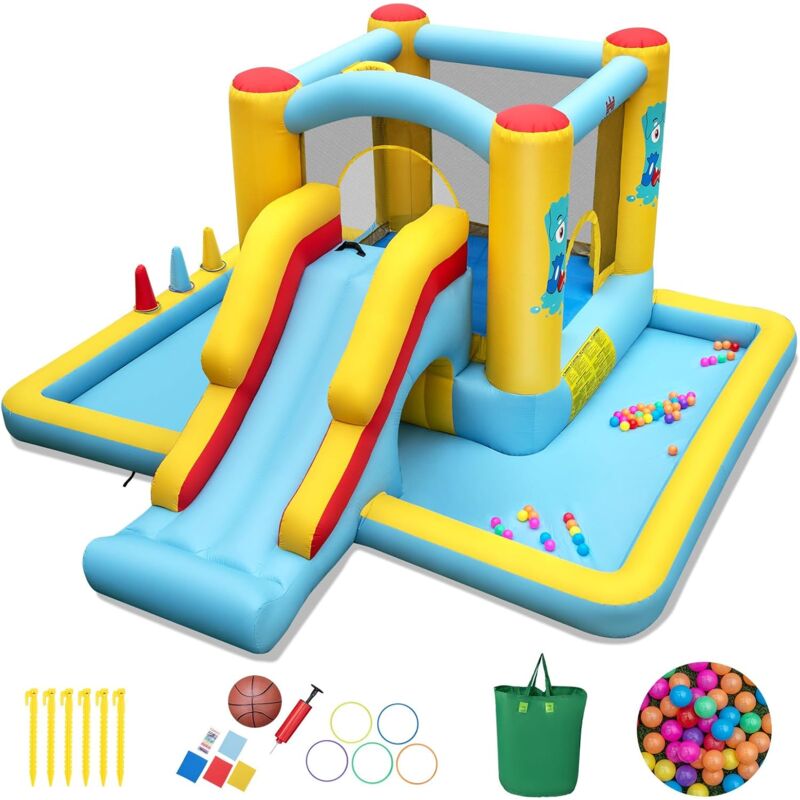 foto del prodotto costway castello gonfiabile 7 in 1 per bambini con scivolo, castello gonfiabile con mongolfiera, 50 palline, anelli e basket, gioco gonfiabile da