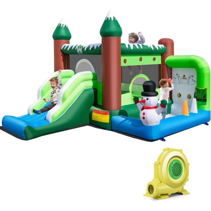 foto del prodotto costway castello gonfiabile con pupazzo di neve, gioco gonfiabile per bambini con scivolo, piscina di palline, basket, gonfiabile con pupazzo di