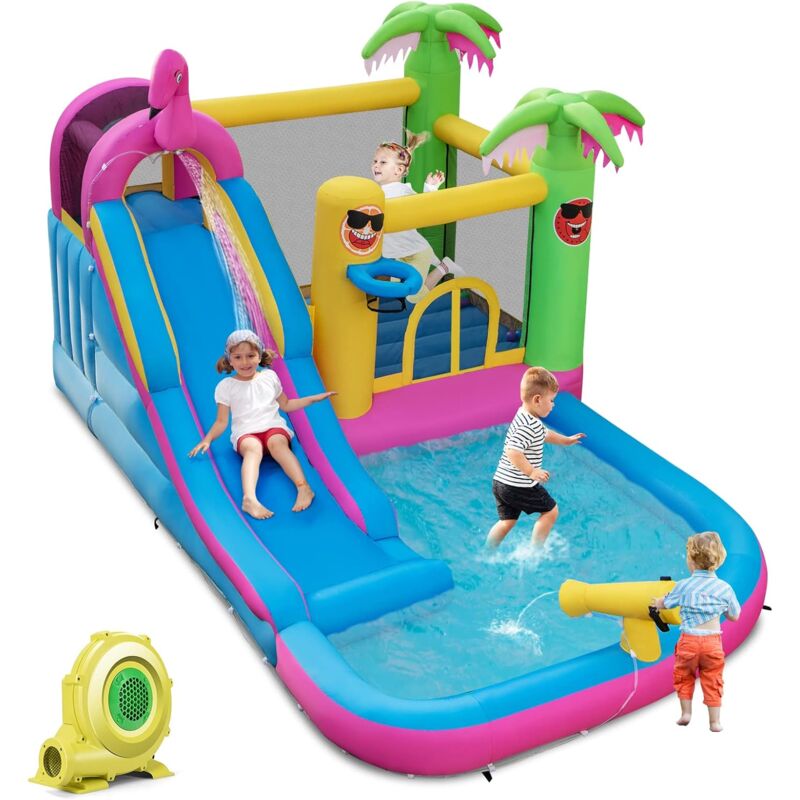 foto del prodotto costway castello gonfiabile fenicottero con soffiatore 680w, gonfiabile per bambini con scivolo, area di salto, piscina e 50 palline, spruzzi,