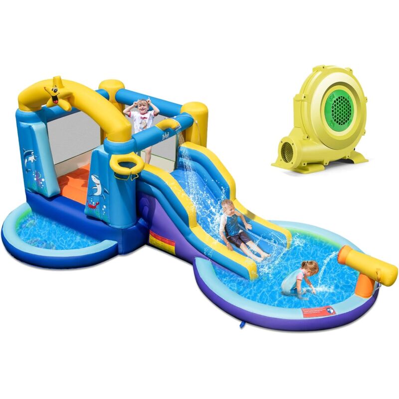 foto del prodotto costway castello gonfiabile oceananico con soffiatore 680w, parco acquatico per bambini con 2 piscine e 50 palline, scivolo, trampolino, canestro
