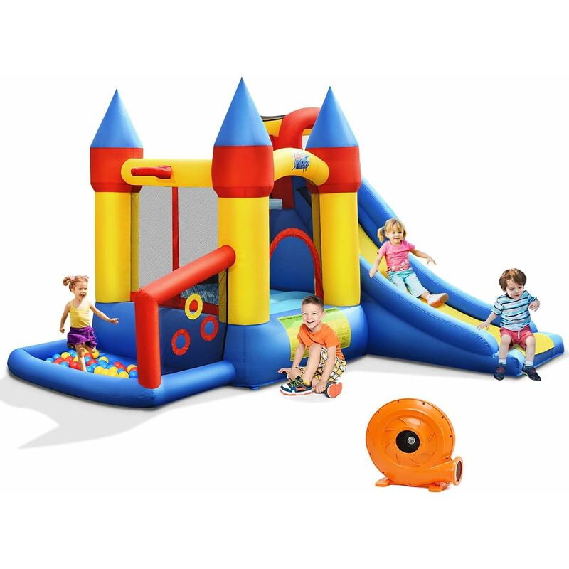 foto del prodotto costway castello gonfiabile per bambini, 6 in 1, parco giochi gonfiabile con scivolo e palline, compressore 680 w incluso, ideale per 4 bambini