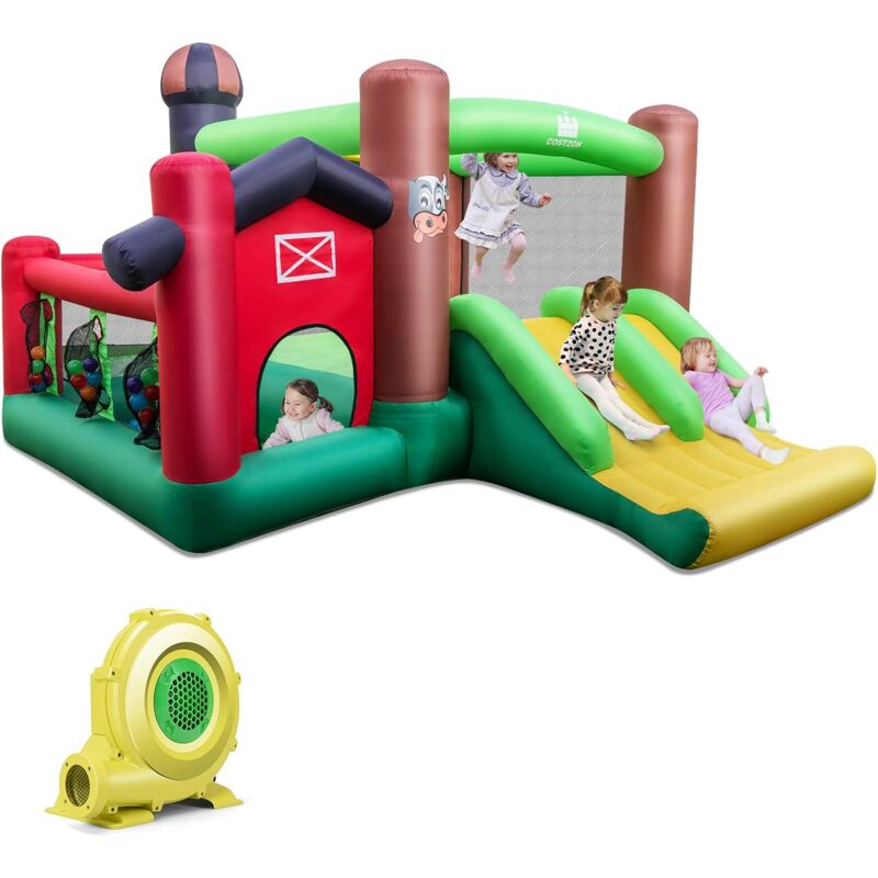 foto del prodotto costway castello gonfiabile per bambini, casa gonfiabile con doppio scivolo, trampolino, per 3 bambini di 3 10 anni, con borsa di trasporto e kit di