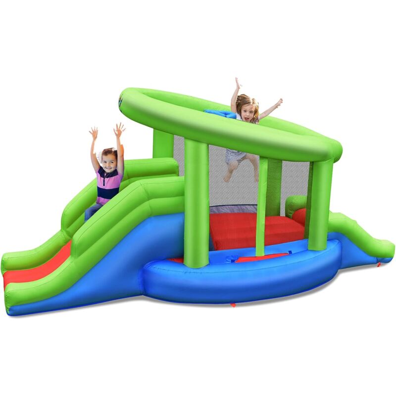 foto del prodotto costway castello gonfiabile per bambini, casa gonfiabile con trampolino, 2 scivoli, parete da arrampicata, borsa di trasporto e kit di riparazione,