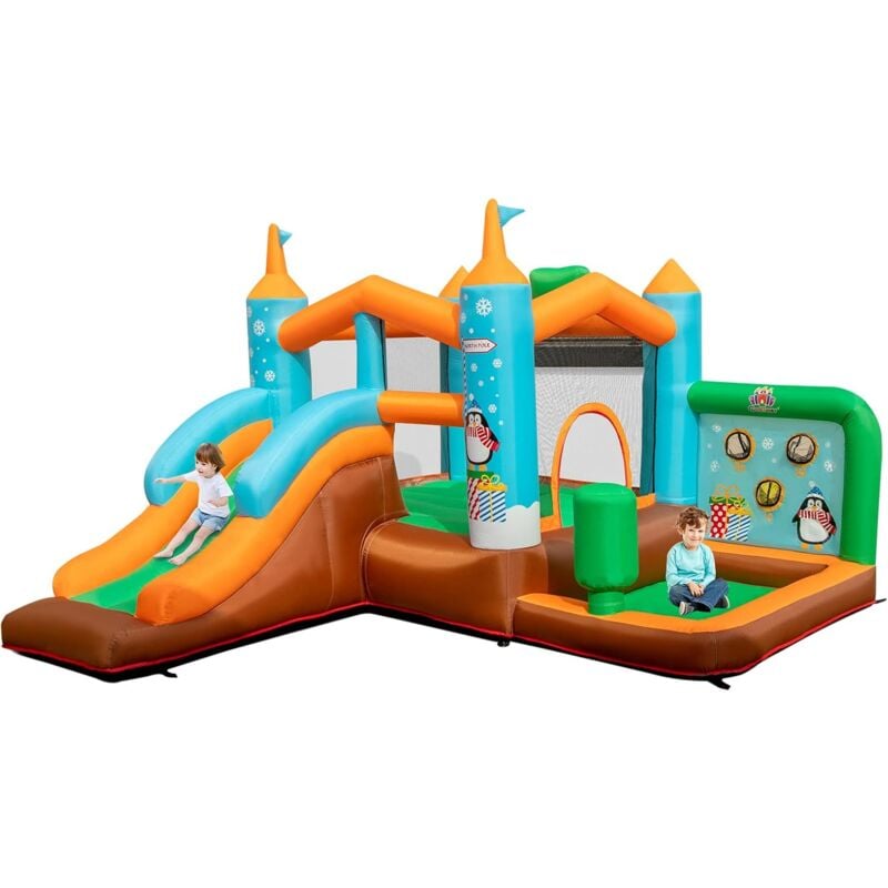foto del prodotto costway castello gonfiabile per bambini, con scivolo, trampolino, canestro da basket e sacco da box, per 3 bambini di 3 12 anni, con borsa di