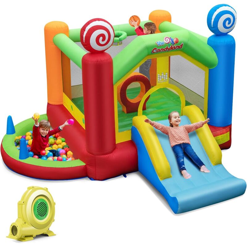 foto del prodotto costway castello gonfiabile per bambini, con scivolo, trampolino e canestro da basket, 50 palline colorate e soffiatore, con borsa di trasporto e