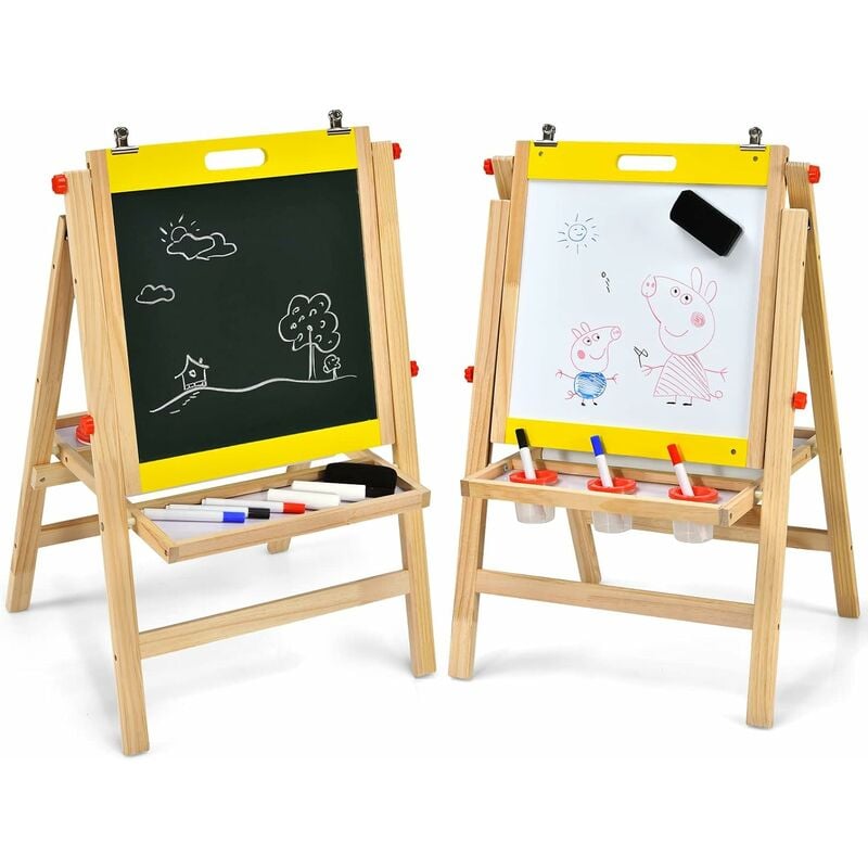 foto del prodotto costway cavalletto 3 in 1 pieghevole per bambini, cavalletto artistico di legno con altezza regolabile, con doppia lavagna e vassoio giallo 