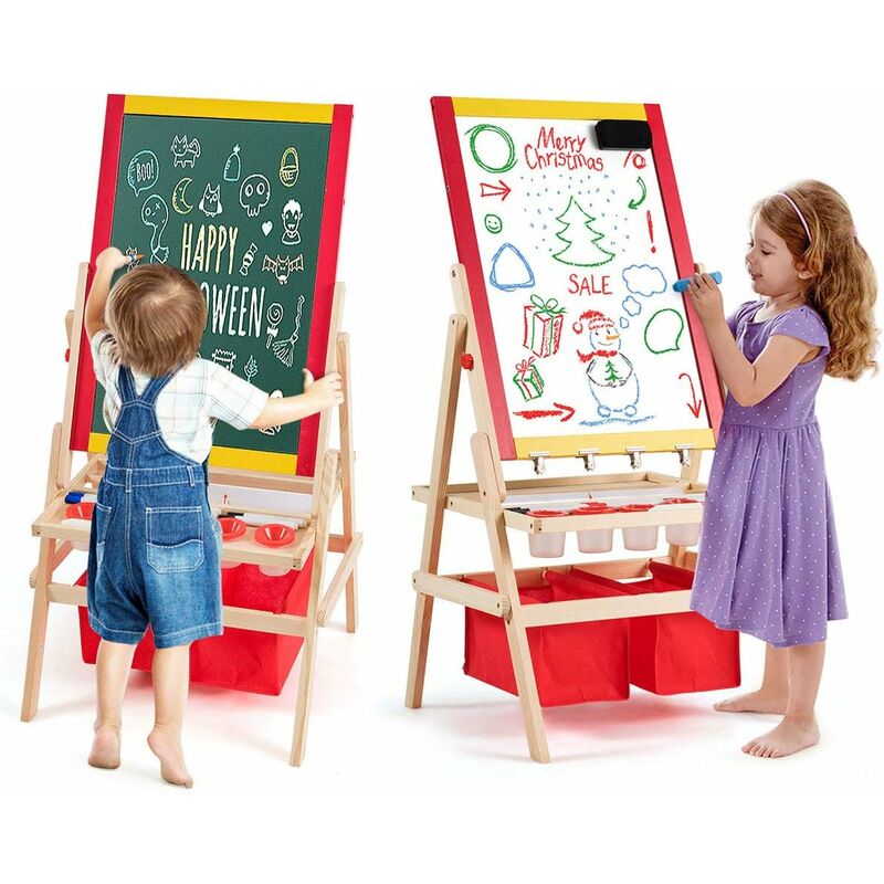 foto del prodotto costway cavalletto per bambini 3 in 1, lavagna bifacciale, cavalletto per disegnare, con rotolo di carta, magnetica, accessori completi, in legno