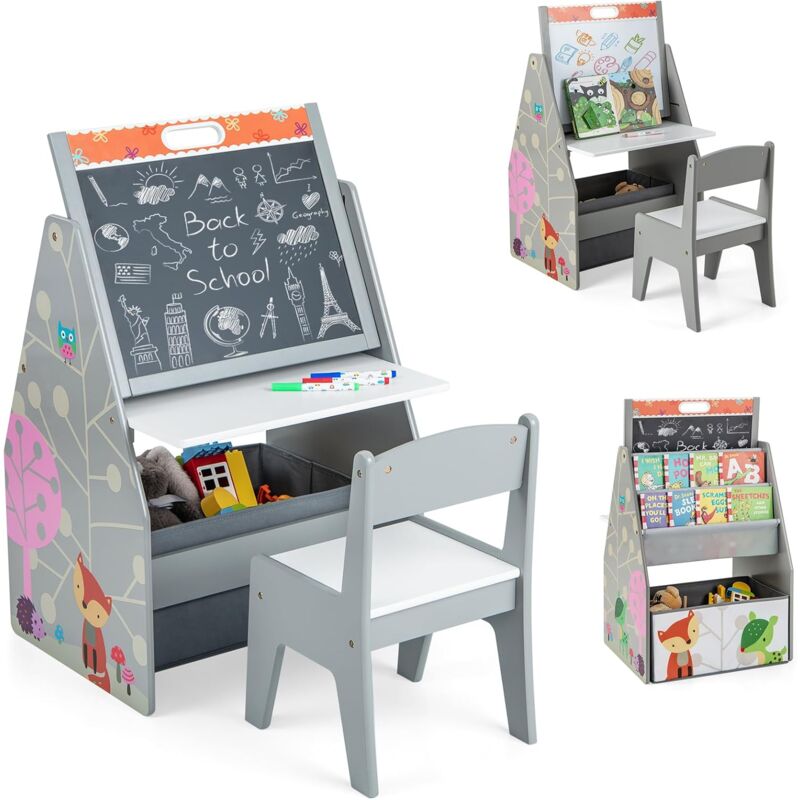 foto del prodotto costway cavalletto per bambini doppio lato, set tavolo e sedia per bambini con lavagna magnetica e lavagna bianca, contenitore in tessuto e