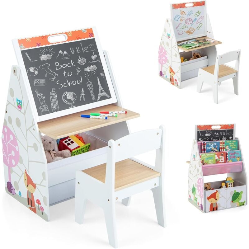 foto del prodotto costway cavalletto per bambini doppio lato, set tavolo e sedia per bambini con lavagna magnetica e lavagna bianca, contenitore in tessuto e