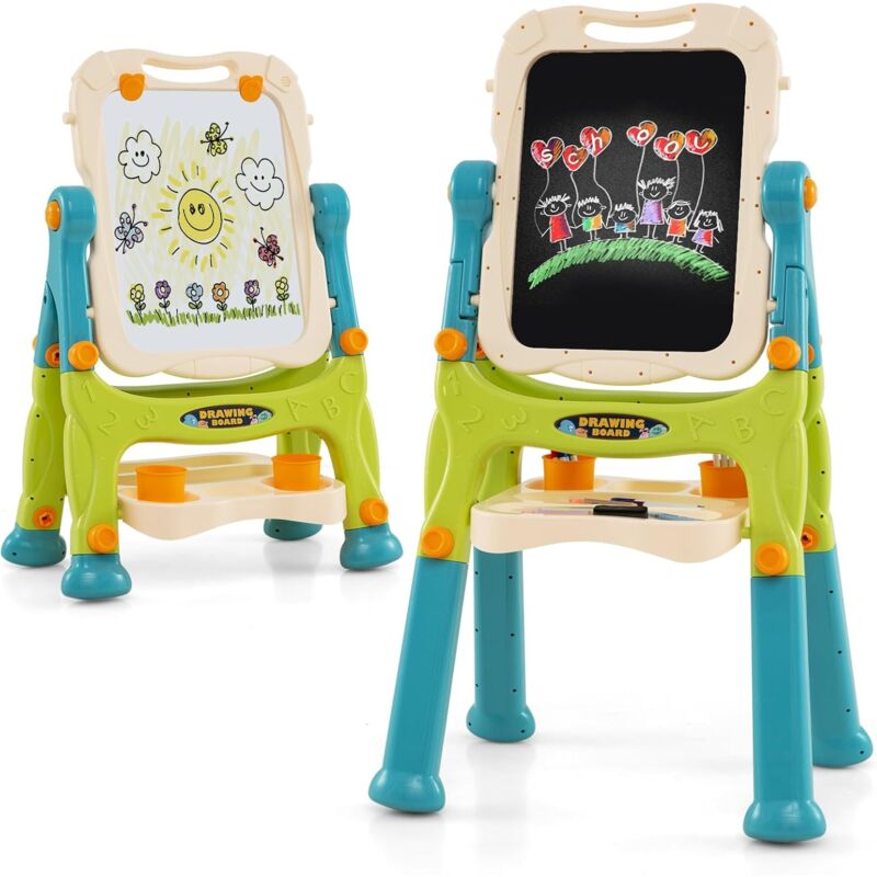 foto del prodotto costway cavalletto per bambini, lavagna magnetica a doppia faccia regolabile in altezza, tavolo da disegno staccabile con manico portatile e 2
