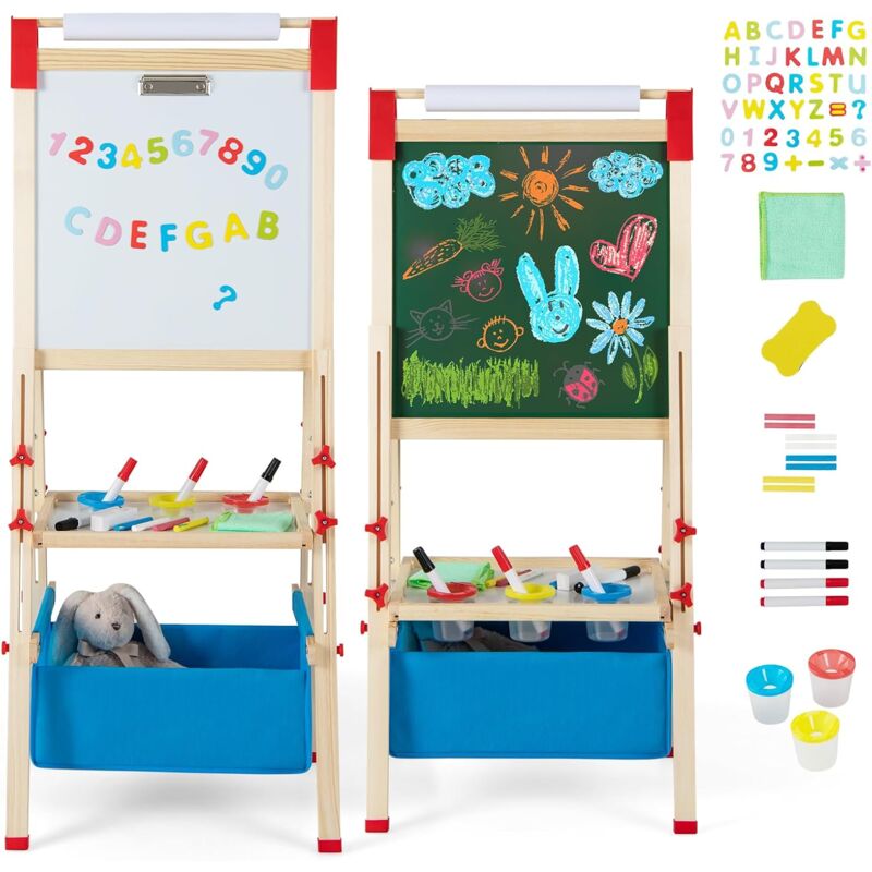 foto del prodotto costway cavalletto per bambini regolabile in altezza in legno, cavalletto a doppio lato con lavagna magnetica e bianca, con scatola, magneti con