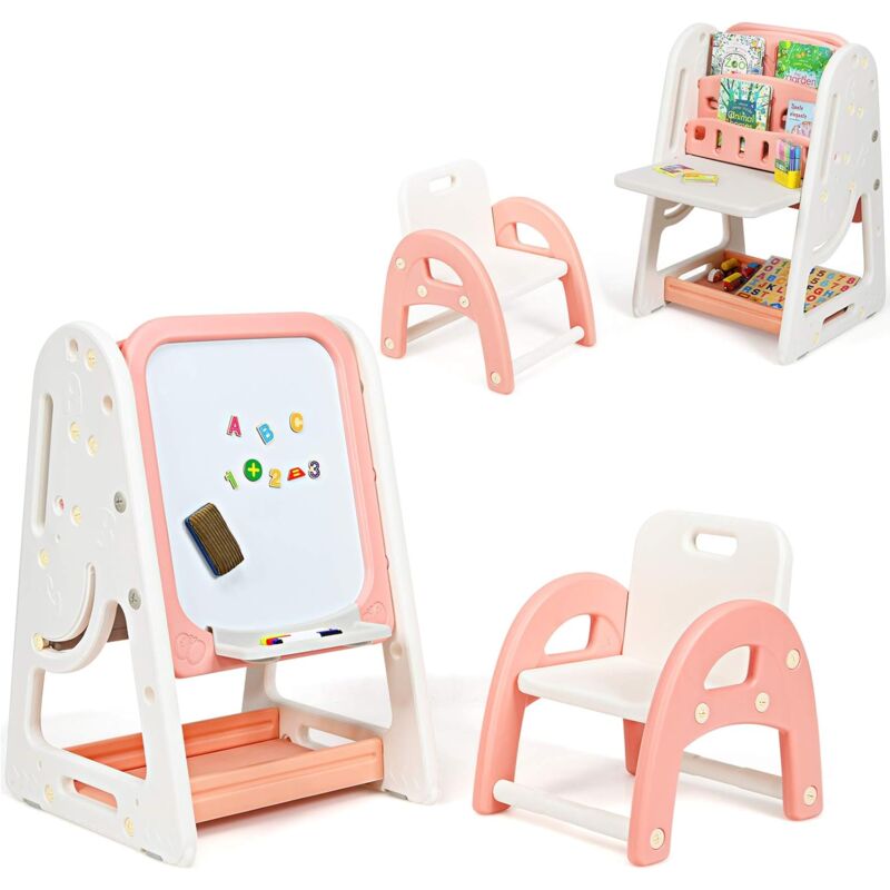 foto del prodotto costway cavalletto per dipingere 2 in 1 multifunzione per bambini altezza regolabile, libreria bambini lavagna doppia faccia , con sedia e