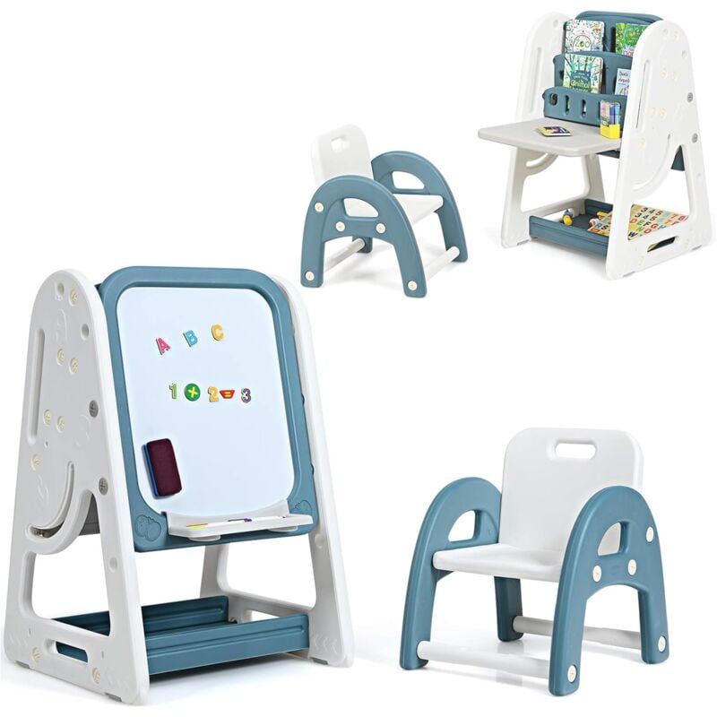 foto del prodotto costway cavalletto per dipingere 2 in 1 multifunzione per bambini altezza regolabile, libreria bambini lavagna doppia faccia , con sedia e