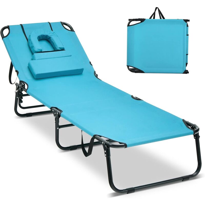 foto del prodotto costway chaise longue pliante r glable 5 positions avec trou pour visage, bain de soleil en tissu oxford 3 coussins amovibles charge 160kg, pour