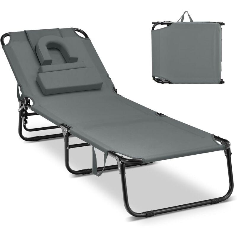 foto del prodotto costway chaise longue pliante r glable 5 positions avec trou pour visage, bain de soleil en tissu oxford avec 3 coussins amovibles, charge 160