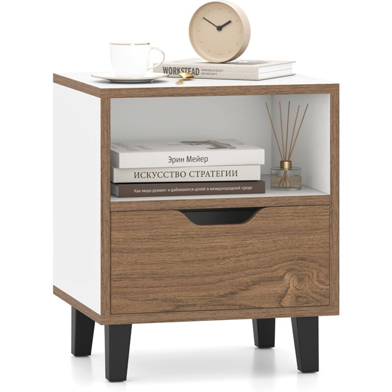 foto del prodotto costway comodino 37 x 33 x 44 cm, tavolino da letto con cassetto, scomparto aperto e gambe in metallo, mobile laterale per camera da letto, salotto