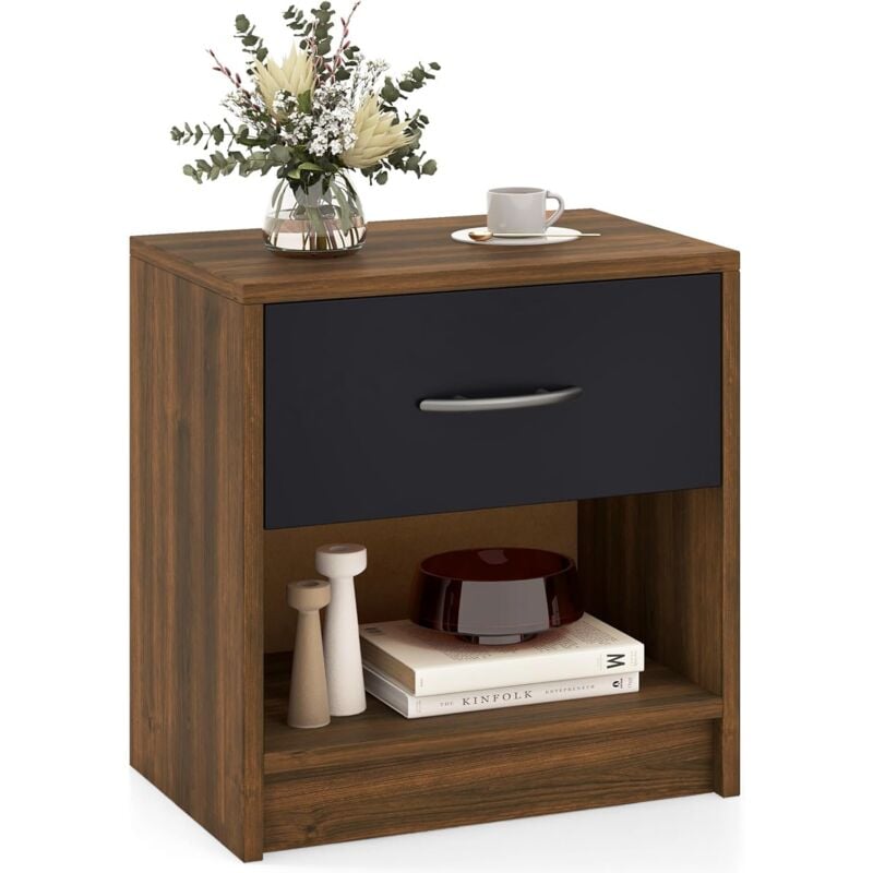 foto del prodotto costway comodino 38,5 x 28 x 40,5cm in legno, tavolino salvaspazio con scomparto aperto e casseto per soggiorno e camera da letto marrone nero 