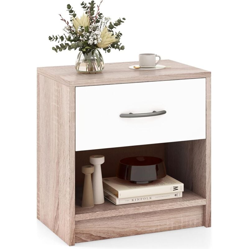 foto del prodotto costway comodino 38,5 x 28 x 40,5cm in legno, tavolino salvaspazio con scomparto aperto e casseto per soggiorno e camera da letto naturale bianco 