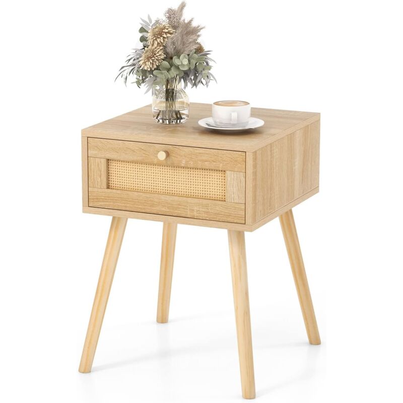 foto del prodotto costway comodino con decorazione in rattan intrecciato, tavolino salotto in legno stile boho, con cassetto e gambe in legno massiccio, per camera