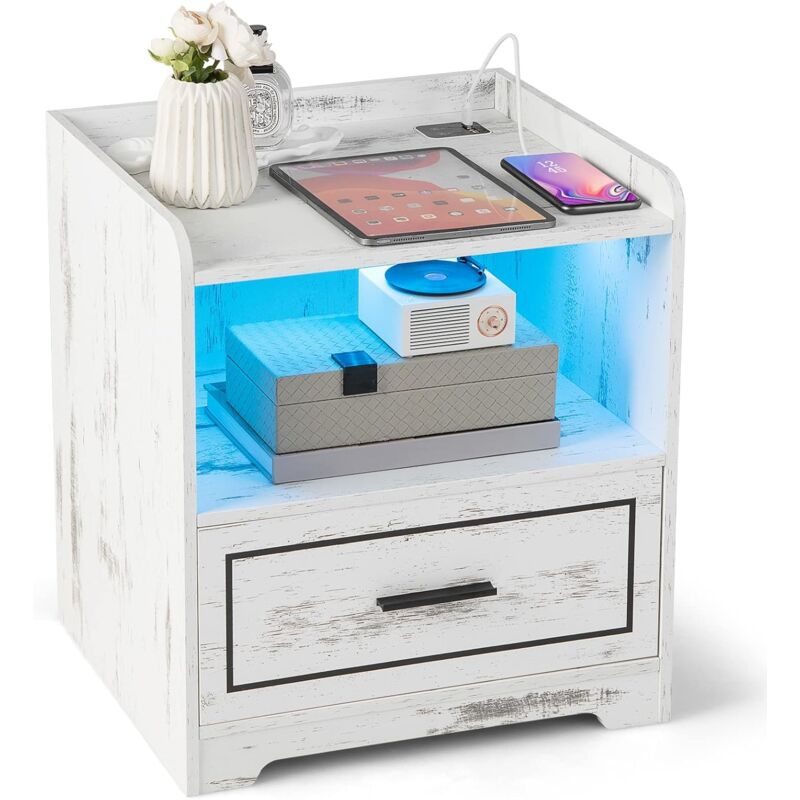 foto del prodotto costway comodino con led, comodino intelligente con 2 porte usb, ripiano aperto e cassetto, luci a colori variabili, bianco, 45 x 40 x 50 cm 1,