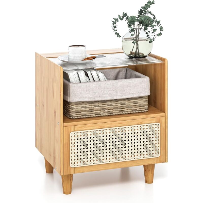 foto del prodotto costway comodino in bamb e rattan, tavolino da salotto boho con cassetto e gambe in legno massello, comodino tavolino in bamb per camera da