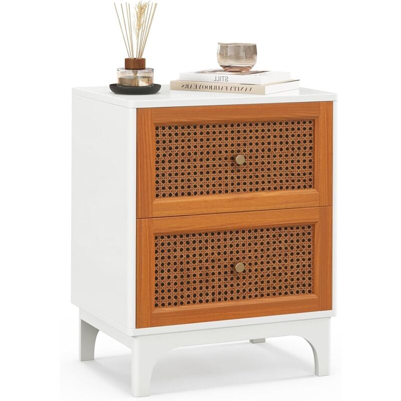 foto del prodotto costway comodino in legno con 2 cassetti, tavolino boho con 2 cassetti decorati in rattan intrecciato, comodino con gambe in legno massello, per