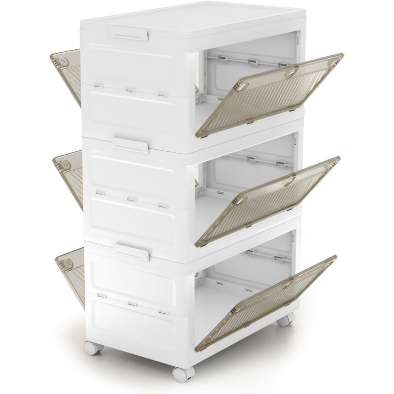 foto del prodotto costway comodino in plastica multipiano con coperchio 126 l, scatole impilabili con 4 ruote e freni, contenitori di stoccaggio pieghevole, per