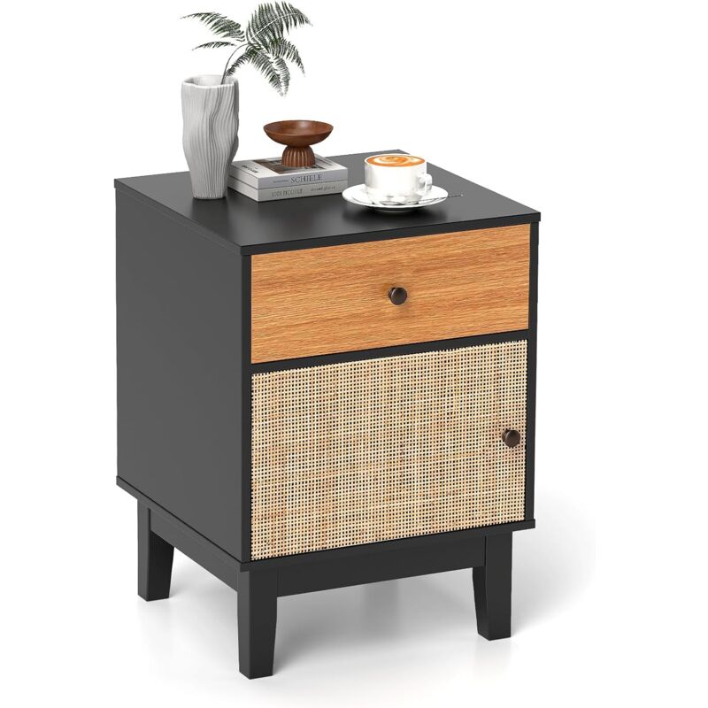 foto del prodotto costway comodino in rattan 40 x 39 x 55 cm, mobile moderno con cassetto, armadietto e gambe in legno massello, tavolino in stile boemia per camera