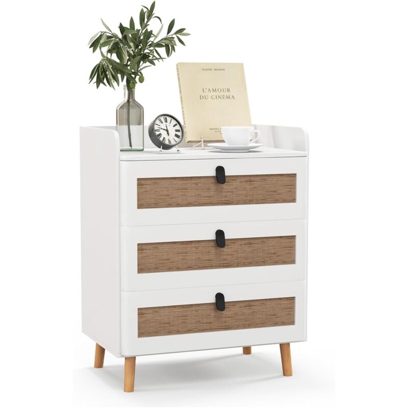 foto del prodotto costway comodino per camera da letto in legno, comodino moderno con 3 cassetti, gambe in legno massello, per soggiorno, camera da letto, bianco, 60