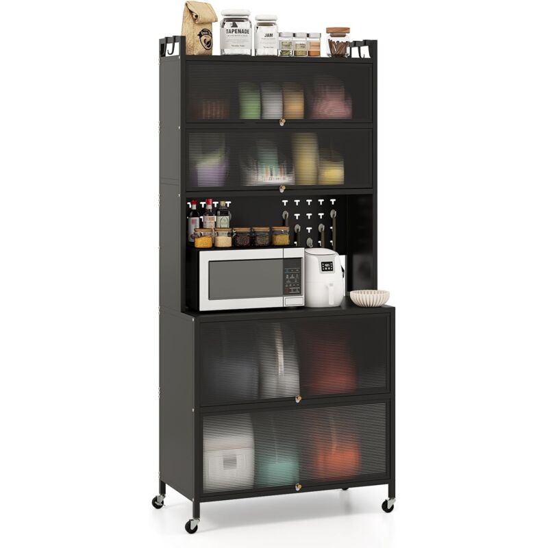foto del prodotto costway credenza alta per cucina con 6 ripiani e 4 ante a ribalta traslucide, mobile cucina con ruote e panello a ganci, armadio cucina porta