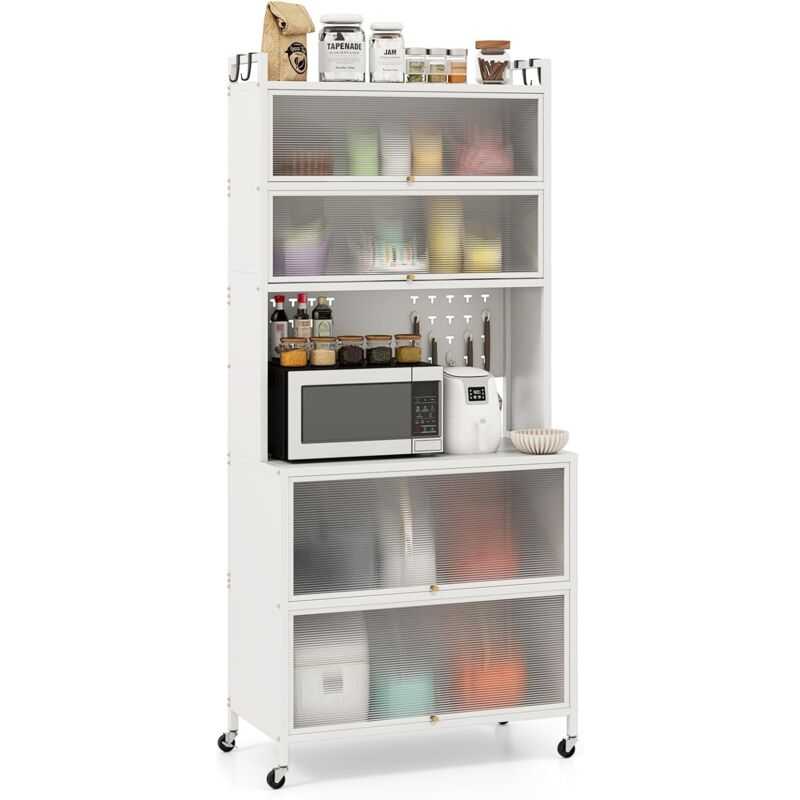 foto del prodotto costway credenza alta per cucina con 6 ripiani e 4 ante a ribalta traslucide, mobile cucina con ruote e panello a ganci, armadio cucina porta