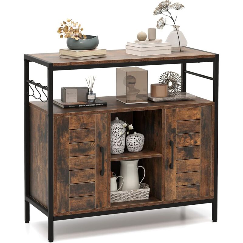 foto del prodotto costway credenza buffet da cucina a 2 ante con 2 mensole regolabili su 3 livelli, credenza bassa con 4 ripiani aperti e 3 ganci, mobile buffet