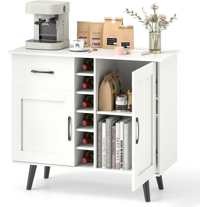 foto del prodotto costway credenza buffett da cucina con 6 cubi porta bottiglie di vino, mobile da cucina con cassetto, 2 ante e 2 ripiani regolabili, armadio in