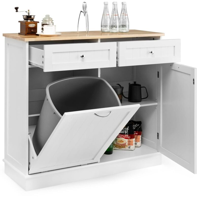 foto del prodotto costway credenza cucina con 42l pattumiera, mobile per pattumiera ribaltabile con piano in legno di gomma 2 cassetti e ripiano regolabile,