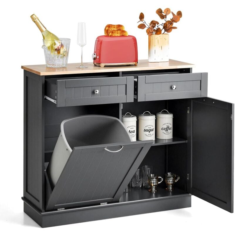foto del prodotto costway credenza cucina con 42l pattumiera, mobile per pattumiera ribaltabile con piano in legno di gomma 2 cassetti e ripiano regolabile,