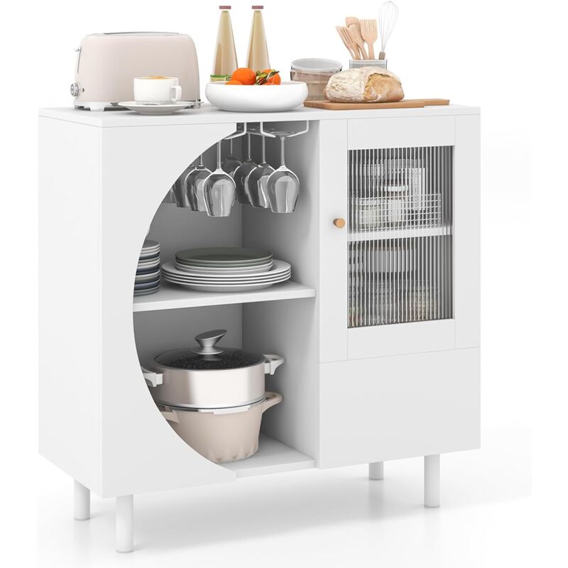 foto del prodotto costway credenza da cucina armadietto cucina in legno con ante in vetro temperato e porta calici, per soggiorno, sala da pranzo e cucina, 80 x 30 x