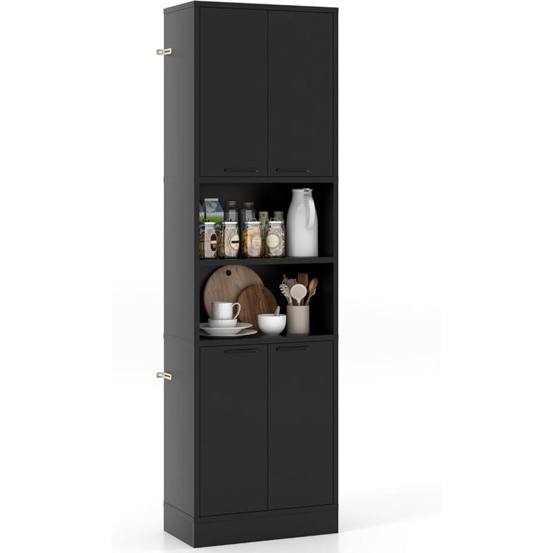 foto del prodotto costway credenza da cucina salvaspazio 56 x 30 x 190cm, mobile buffet alto con 2 armadi a doppia porta e 2 mensole aperte, mobiletto multiusuo per