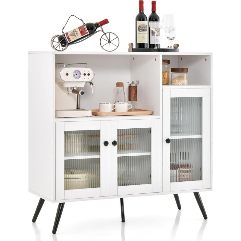 foto del prodotto costway credenza moderna con tanto spazio, mobile per cucina con ante in vetro temperato, dispositivo antiribaltamento e ripiani regolabili, per
