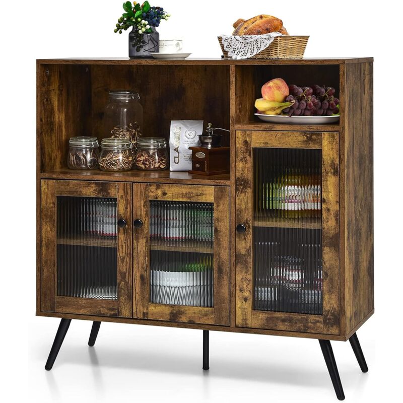 foto del prodotto costway credenza moderna con tanto spazio, mobile per cucina con ante in vetro temperato, dispositivo antiribaltamento e ripiani regolabili, per