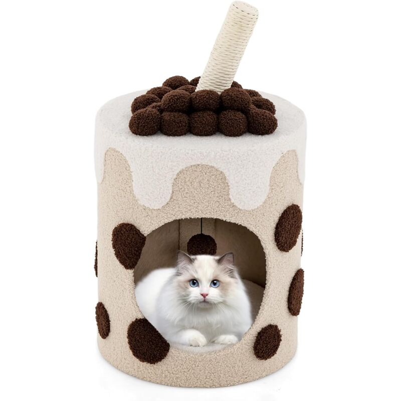 foto del prodotto costway cuccia per gatti a forma di bubble tea, casetta per gatti con tiragraffi in sisal e palline appese, albero per gattini da interno, 37 cm x