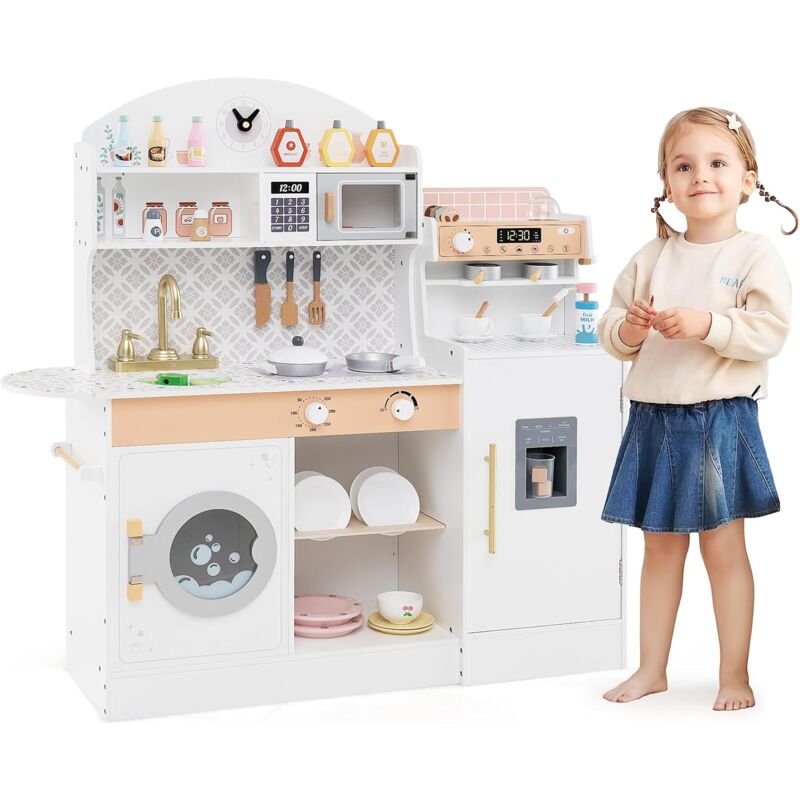 foto del prodotto costway cucina giocattolo con macchina da caff e del ghiaccio, cucina per bambini in legno con lavatrice, microonde, fornelli e lavandino, set