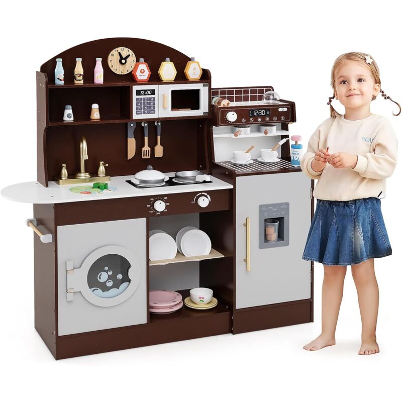 foto del prodotto costway cucina giocattolo con macchina da caff e del ghiaccio, cucina per bambini in legno con lavatrice, microonde, fornelli e lavandino, set