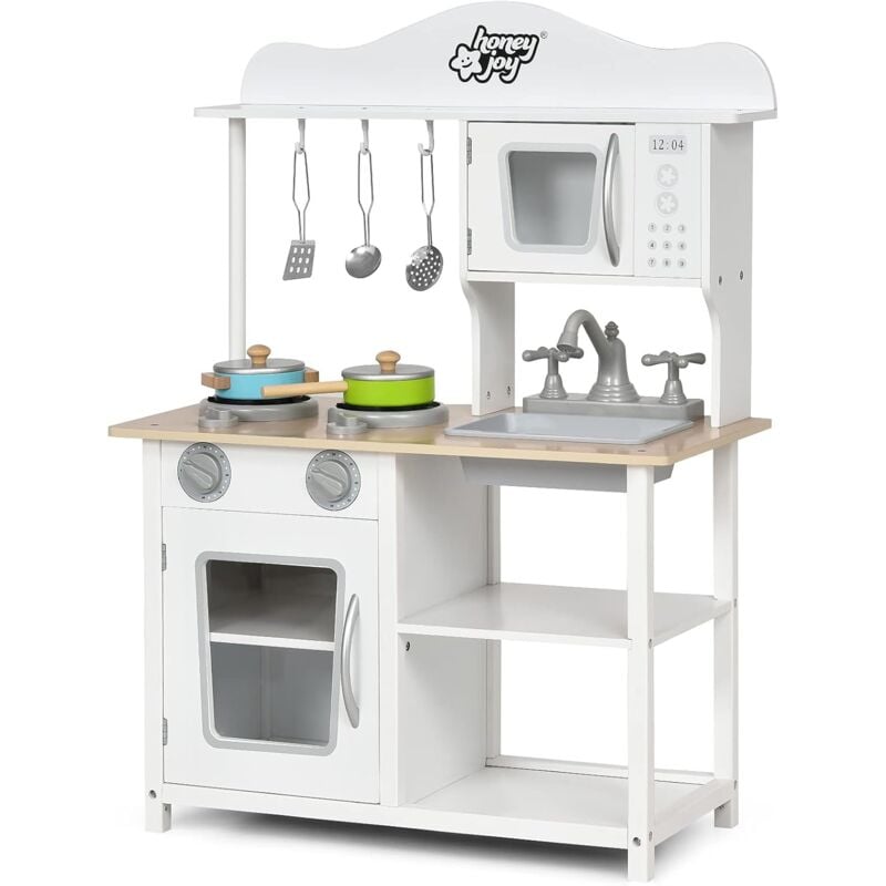 foto del prodotto costway cucina giocattolo per bambini, cucina di legno con accessori da cucina, set cucina con pentole e utensili per cucinare, bianco