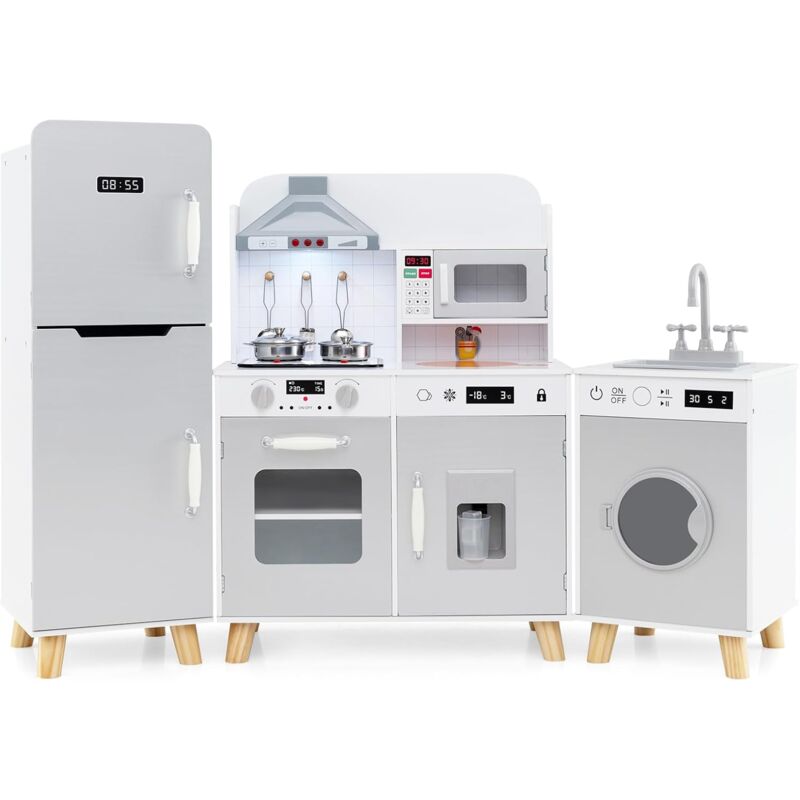 foto del prodotto costway cucina giocattolo per bambini, cucina per bambini con frigorifero, macchina del ghiaccio, lavatrice, forno, microonde, lavello e rubinetto,