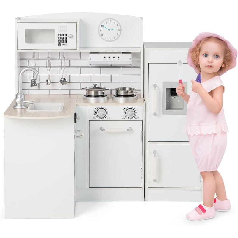 foto del prodotto costway cucina giocattolo per bambini, cucina per bambini in legno con lavello, fornelli, cappa, frigorifero e distributore d acqua, 3 anni 