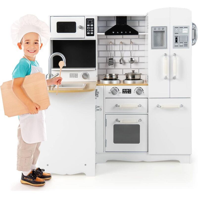 foto del prodotto costway cucina giocattolo per bambini, cucina per bambini in legno con lavello, fornelli, cappa, telefono, frigorifero, lavatrice e utensili da
