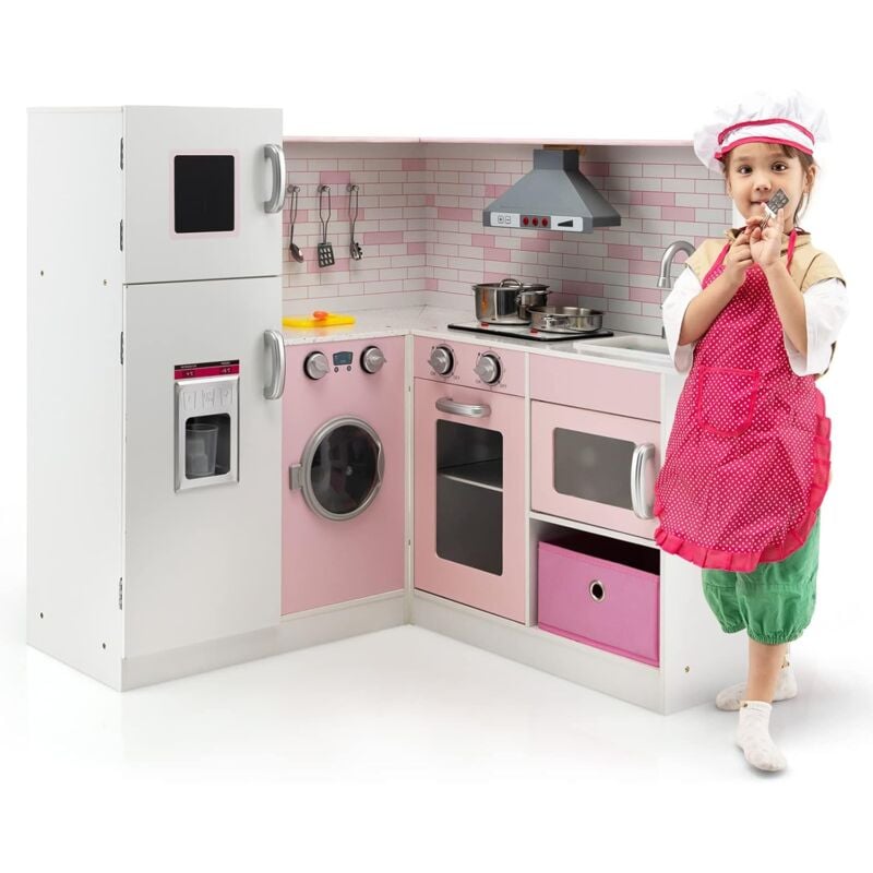 foto del prodotto costway cucina giocattolo per bambini in legno, mini cucina angolare per bambini con luci e suoni interattivi e accessori per cucina, ideale per